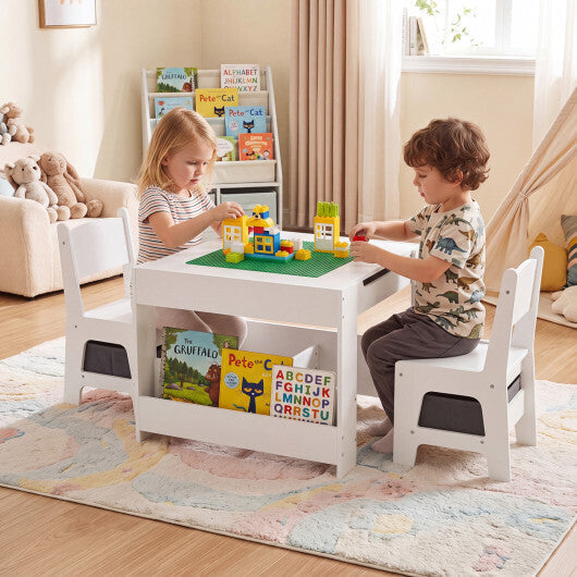 4 in 1 Kids Table and Chairs with Building Blocks and Bookshelves-Grey LuxuryLifeWay Online Store