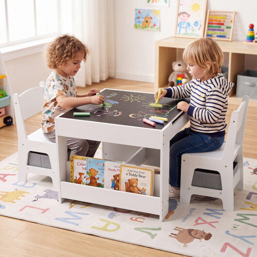 4 in 1 Kids Table and Chairs with Building Blocks and Bookshelves-Grey LuxuryLifeWay Online Store