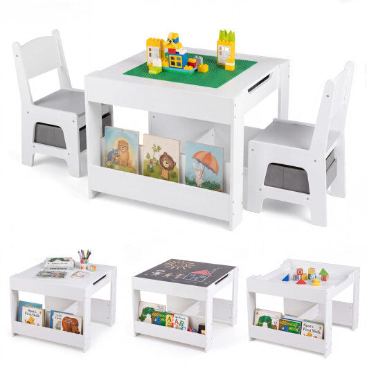 4 in 1 Kids Table and Chairs with Building Blocks and Bookshelves-Grey LuxuryLifeWay Online Store