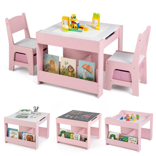 4 in 1 Kids Table and Chairs with Building Blocks and Bookshelves-Grey LuxuryLifeWay Online Store