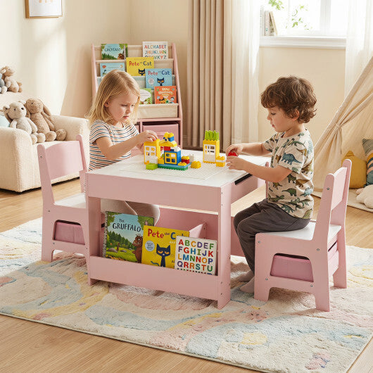 4 in 1 Kids Table and Chairs with Building Blocks and Bookshelves-Grey LuxuryLifeWay Online Store