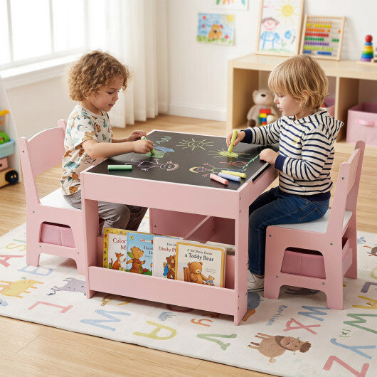4 in 1 Kids Table and Chairs with Building Blocks and Bookshelves-Grey LuxuryLifeWay Online Store