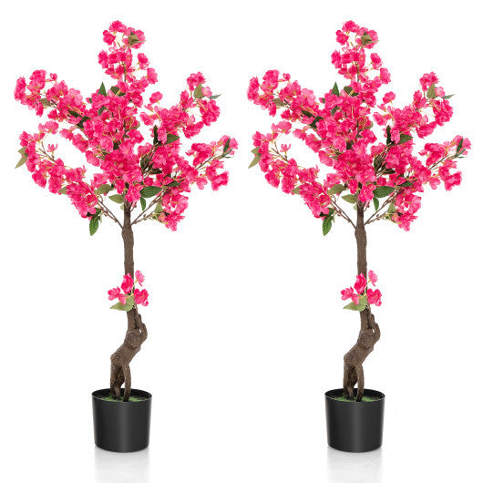 2 Pack 41 Inch Artificial Plum Blossom Tree Fake Floral Plant with 92 Flowers-Red