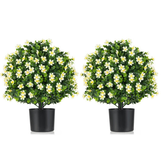 2 Pack Artificial Boxwood Topiary Ball Tree Faux Shrub Bushes with Flowers-White