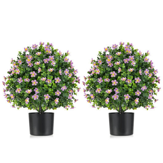 2 Pack Artificial Boxwood Topiary Ball Tree Faux Shrub Bushes with Flowers-White
