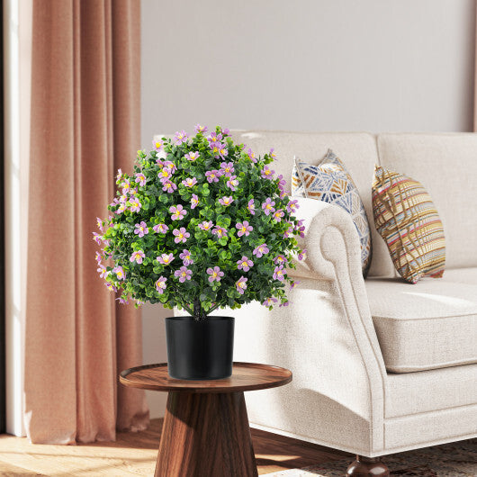 2 Pack Artificial Boxwood Topiary Ball Tree Faux Shrub Bushes with Flowers-White