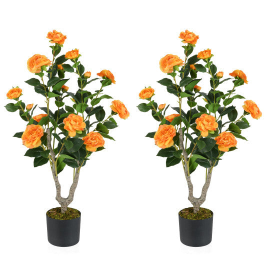 36 Inch Artificial Camellia Tree with Blooming Flower 2 Pack-Orange
