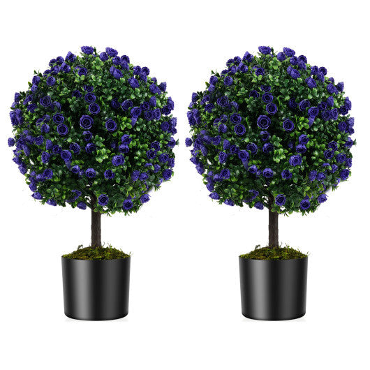 22 Inch Set of 2 Artificial Purple Rose Topiary Ball Trees with Cement-Filled Pot-Purple