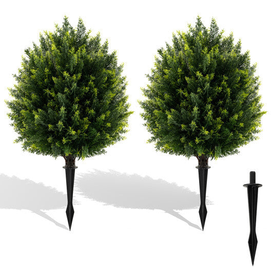 24 Inches Artificial Cypress Topiary Ball Tree Set with Ground Spike-Green
