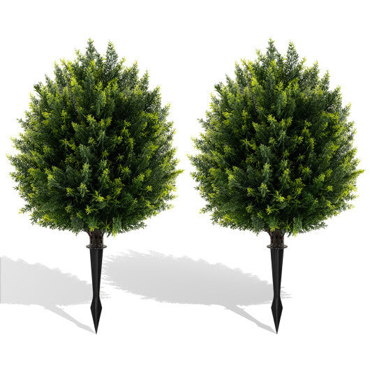 24 Inches Artificial Cypress Topiary Ball Tree Set with Ground Spike-Green
