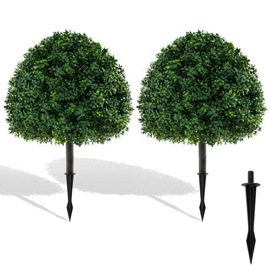 28 Inches Artificial Boxwood Topiary Ball Tree Set of 2 with Ground Spike-Green