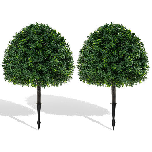 28 Inches Artificial Boxwood Topiary Ball Tree Set of 2 with Ground Spike-Green