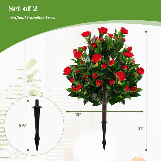 31 Inches Artificial Camellia Tree Set 2 Pack Fake Flower Trees-Green