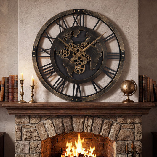 Large Wall Clock 27" Gear Clock with World Map-Brown LuxuryLifeWay Online Store