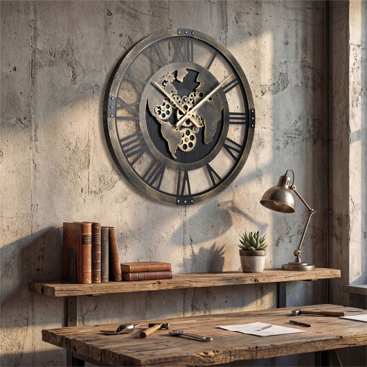 Large Wall Clock 27" Gear Clock with World Map-Brown LuxuryLifeWay Online Store