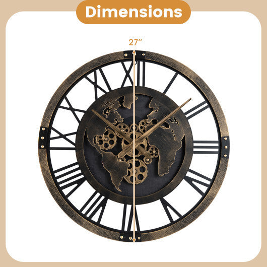 Large Wall Clock 27" Gear Clock with World Map-Brown LuxuryLifeWay Online Store