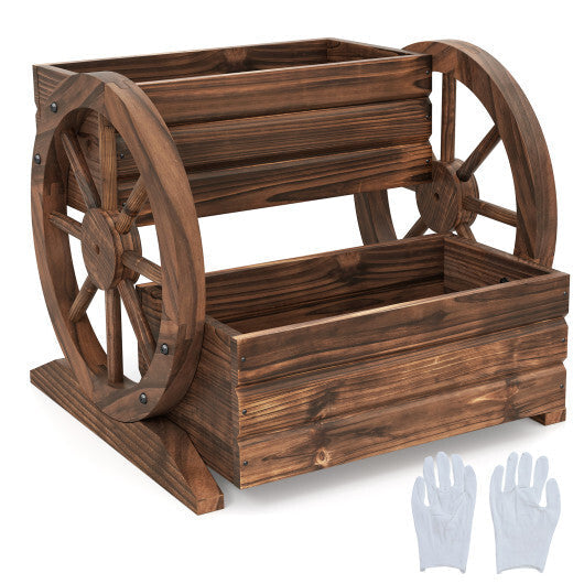 2-Tier Raised Garden Bed Rustic Wood Wagon Shape with Drainage Holes and Wheels-Coffee LuxuryLifeWay Online Store