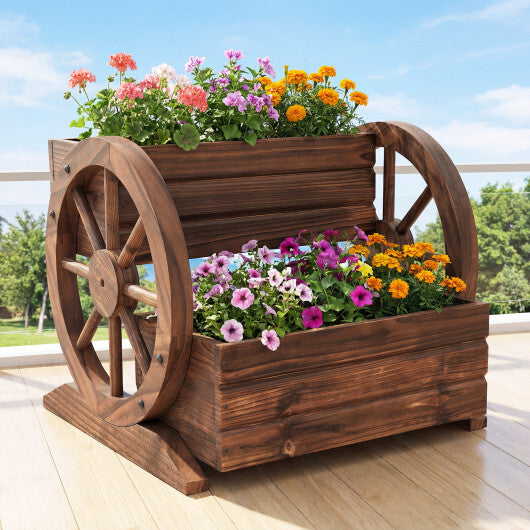2-Tier Raised Garden Bed Rustic Wood Wagon Shape with Drainage Holes and Wheels-Coffee LuxuryLifeWay Online Store