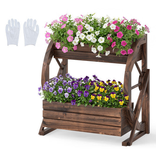 2-tier Raised Garden Bed Rustic Wood Wagon Planter with Drainage Holes and Semi-wheels-Coffee LuxuryLifeWay Online Store