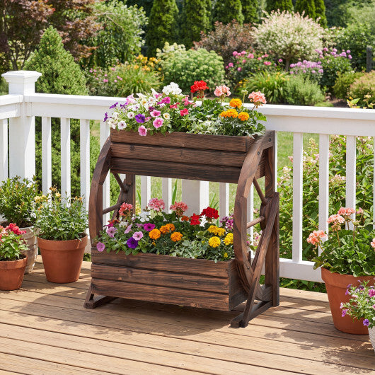 2-tier Raised Garden Bed Rustic Wood Wagon Planter with Drainage Holes and Semi-wheels-Coffee LuxuryLifeWay Online Store