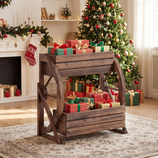 2-tier Raised Garden Bed Rustic Wood Wagon Planter with Drainage Holes and Semi-wheels-Coffee LuxuryLifeWay Online Store