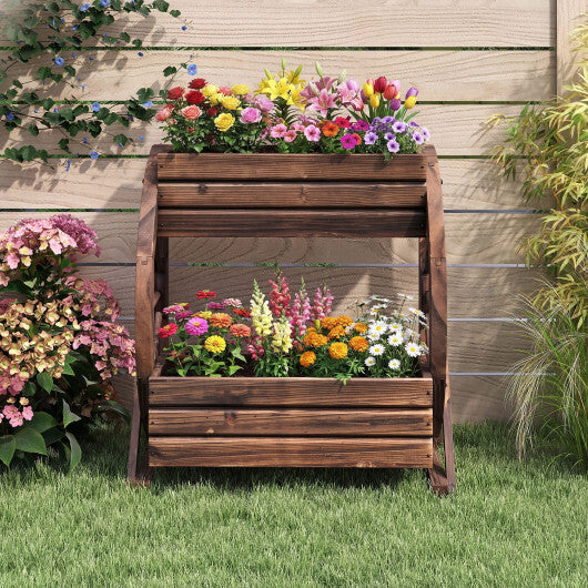 2-tier Raised Garden Bed Rustic Wood Wagon Planter with Drainage Holes and Semi-wheels-Coffee LuxuryLifeWay Online Store