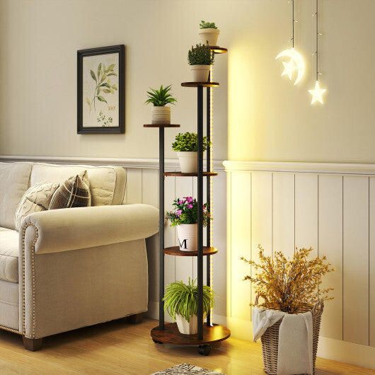 6-tier Plant Stand with RGB Light and Wheels 57inch Tall Indoor Display Shelf Flowerpot Holder-Rustic Brown LuxuryLifeWay Online Store