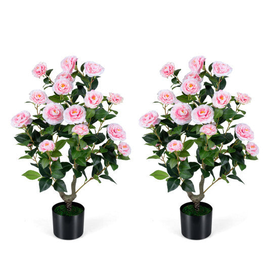 2-Pack Artificial Camellia Tree Faux Flower Plant in Cement-Filled Pot-White LuxuryLifeWay Online Store