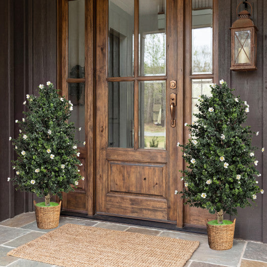 2 Pack Artificial Topiary Cone Tree Faux Potted Shrub Plant with 49 Flowers-purple LuxuryLifeWay Online Store