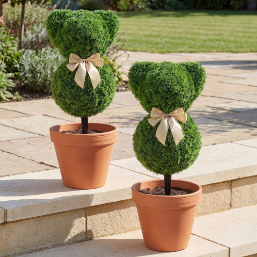 2 Pieces Teddy Bear Topiary Trees Sun-resistant Faux Boxwood Plants with Bowknot LuxuryLifeWay Online Store