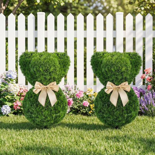 2 Pieces Teddy Bear Topiary Trees Sun-resistant Faux Boxwood Plants with Bowknot LuxuryLifeWay Online Store