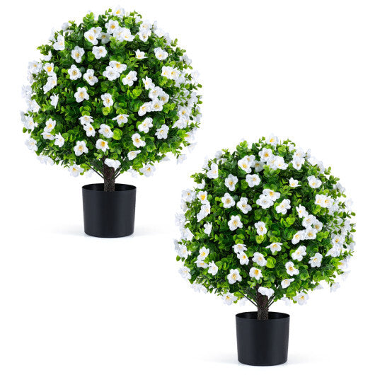 2 Pack Artificial Eucalyptus Topiary Trees with Flowers and Cement Planter for Home-White LuxuryLifeWay Online Store