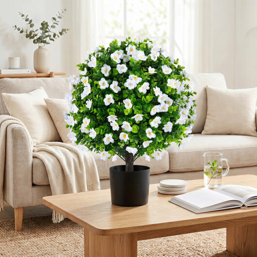2 Pack Artificial Eucalyptus Topiary Trees with Flowers and Cement Planter for Home-White LuxuryLifeWay Online Store