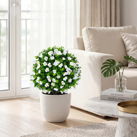 2 Pack Artificial Eucalyptus Topiary Trees with Flowers and Cement Planter for Home-White LuxuryLifeWay Online Store
