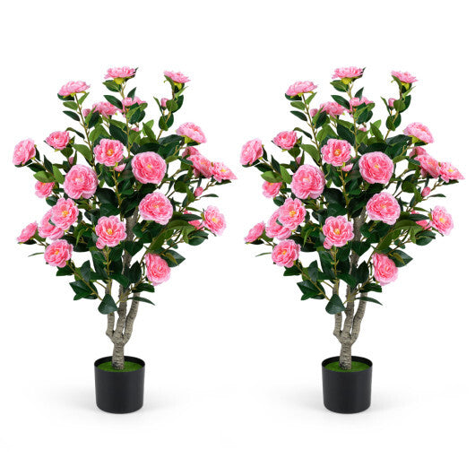 Set of 2 39.5" Artificial Camellia Tree with Orange Blossoms in Cement Pot for Decoration-Pink LuxuryLifeWay Online Store