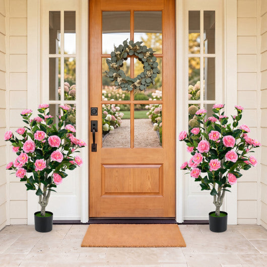 Set of 2 39.5" Artificial Camellia Tree with Orange Blossoms in Cement Pot for Decoration-Pink LuxuryLifeWay Online Store
