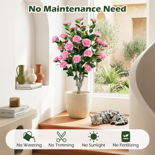 Set of 2 39.5" Artificial Camellia Tree with Orange Blossoms in Cement Pot for Decoration-Pink LuxuryLifeWay Online Store