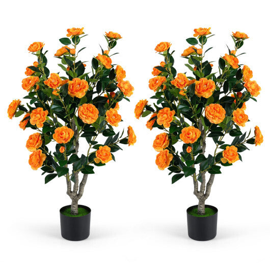 Set of 2 39.5" Artificial Camellia Tree with Orange Blossoms in Cement Pot for Decoration-Pink LuxuryLifeWay Online Store