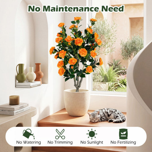 Set of 2 39.5" Artificial Camellia Tree with Orange Blossoms in Cement Pot for Decoration-Pink LuxuryLifeWay Online Store