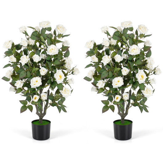 Set of 2 Artificial Rose Tree with Blooming Flowers and Green Leaves for Indoor-White LuxuryLifeWay Online Store