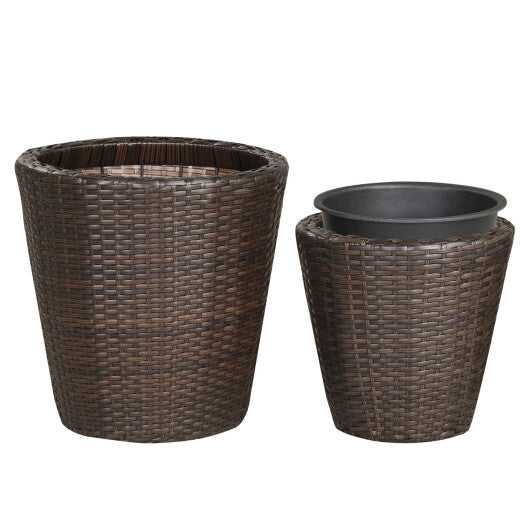 Set of 2 Plastic Taper Rattan Planters with Drainage Holes and Saucers-Brown LuxuryLifeWay Online Store