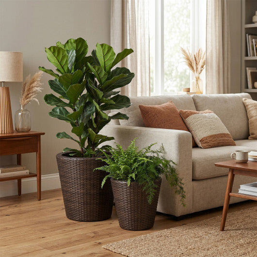 Set of 2 Plastic Taper Rattan Planters with Drainage Holes and Saucers-Brown LuxuryLifeWay Online Store