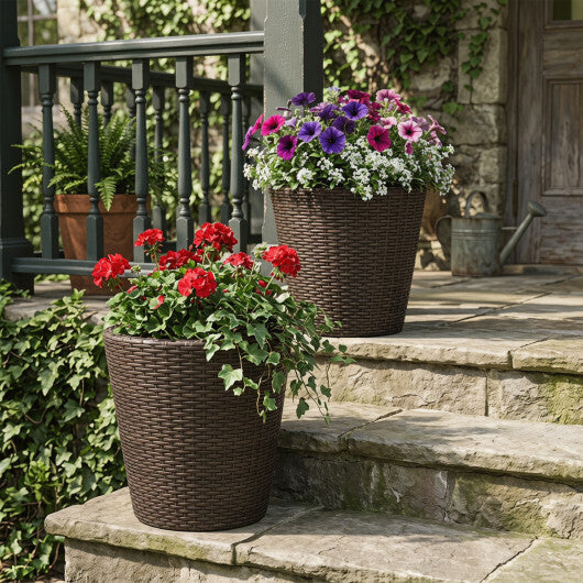 Set of 2 Plastic Taper Rattan Planters with Drainage Holes and Saucers-Brown LuxuryLifeWay Online Store