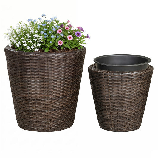 Set of 2 Plastic Taper Rattan Planters with Drainage Holes and Saucers-Brown LuxuryLifeWay Online Store