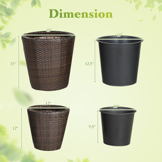 Set of 2 Plastic Taper Rattan Planters with Drainage Holes and Saucers-Brown LuxuryLifeWay Online Store