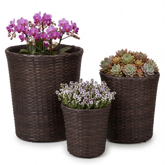 Set of 3 Plastic Planters with Drainage Holes and Saucers for Porch and Garden-Brown LuxuryLifeWay Online Store