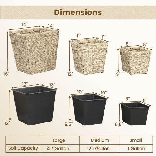 3-Piece Rattan Planter Box Kit with Removable Plastic Liners - Natural LuxuryLifeWay Online Store
