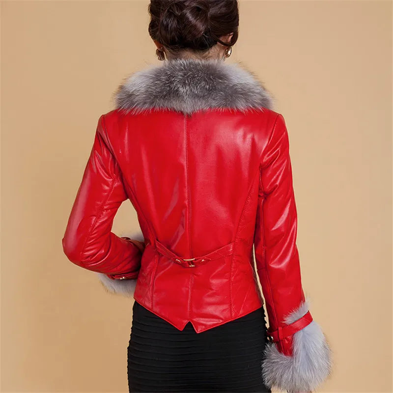 New Winter Leather Jacket Women Coat Faux Fox Fur Collar Short Coat PU Leather Female Jacket Elegant Motorcycle Zipper Outerwear Pi-Mart
