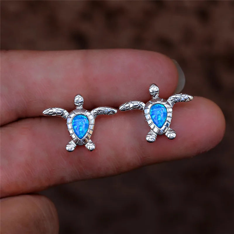 Cute Sea Turtle Stud Earring For Women Fashion Imitation Blue Fire Opal Screw Back Earrings For Women Wedding Band Jewelry Gifts Pi-Mart