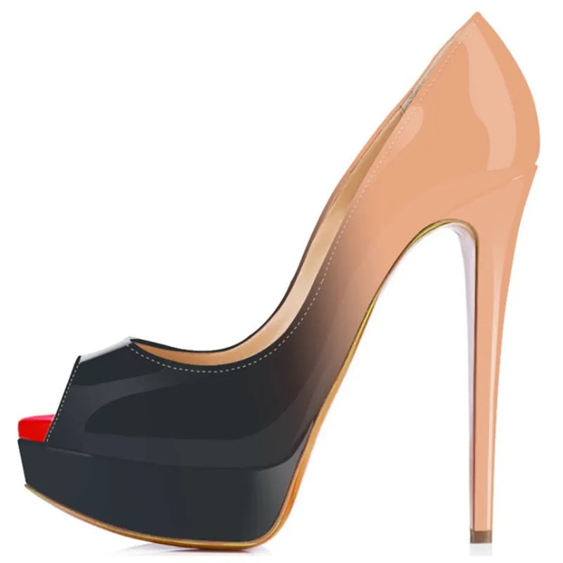 Women Pumps Sexy Platform Peep Toe 14cm Extremely Thin High Heels Stiletto Patent Leather Fashion Party Nighclub Wedding Shoes Pi-Mart